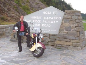 Photo - Wayne and his bike pose at the highest point on the Blue Ridge Parkway