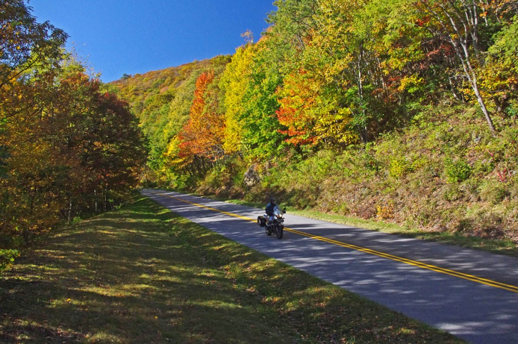 Blue Ridge Parkway Motorcycle - Fall leaf color;