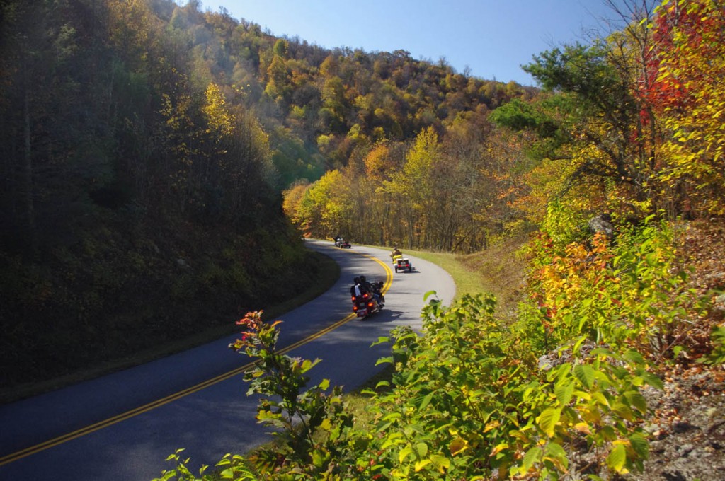 Blue Ridge Parkway Motorcycle - Fall leaf color; 