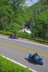 Motorcycles at Cullasaja Falls in North Carolina's "Land of the Waterfalls"