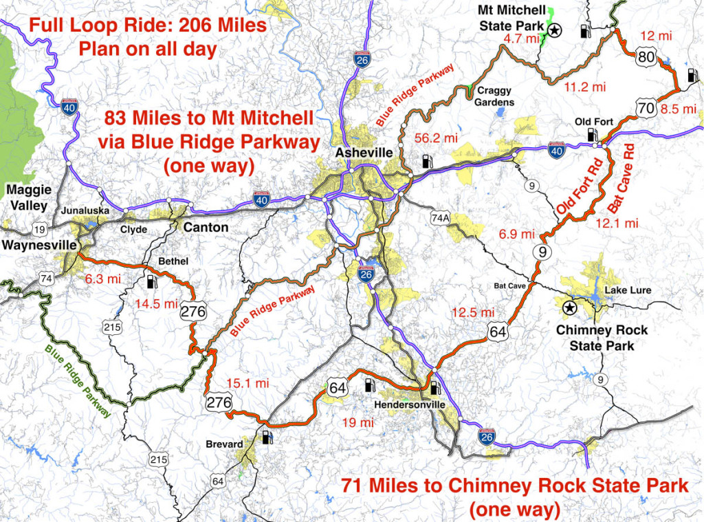 Map of Mt. Mitchell / Chimney Rock loop ride