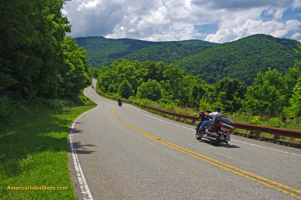 Motorcycles starting up the grade from the North Carolina end of the road on the Cherohala Skyway. 