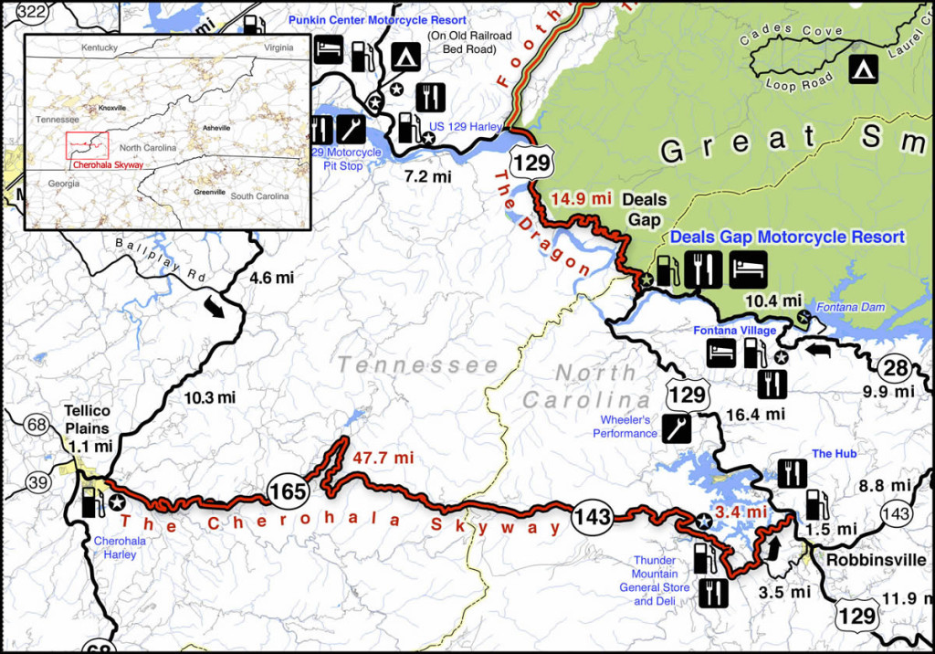 The Cherohala Skyway is near The Dragon at Deals Gap. It runs from Robbinsville, NC to Tellico Plains, TN.