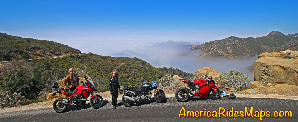 Andy and Jackie on Gibraltar Road, east of Santa Barbara - View of the Pacific fog.