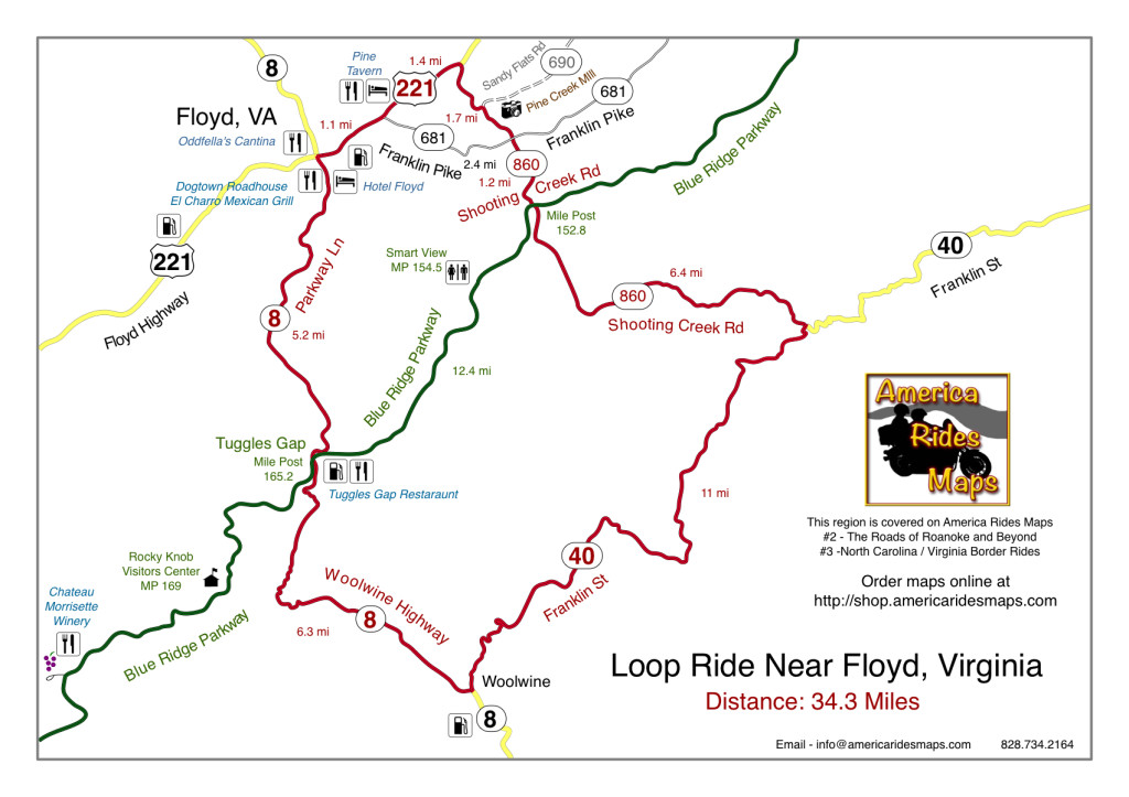 Motorcycle loop ride map near Floyd, VA